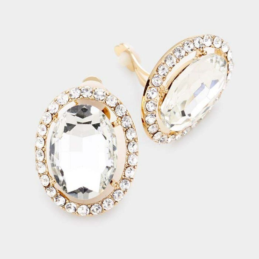 Clear Rhinestone Trim Oval Crystal Evening Gold Clip on Earring NWT